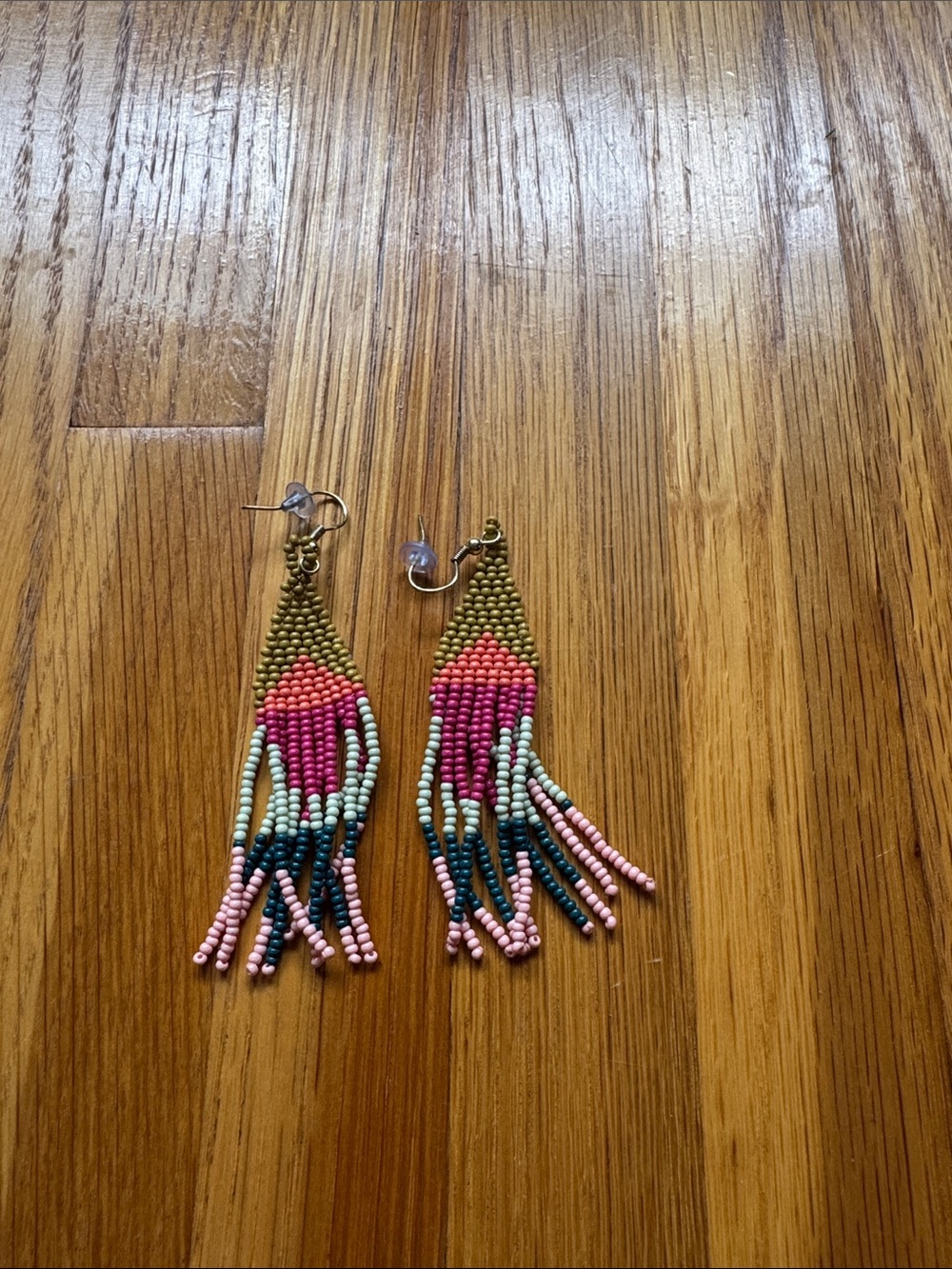 Beaded Fringe Earrings in Pink & Olive with Navy Accents